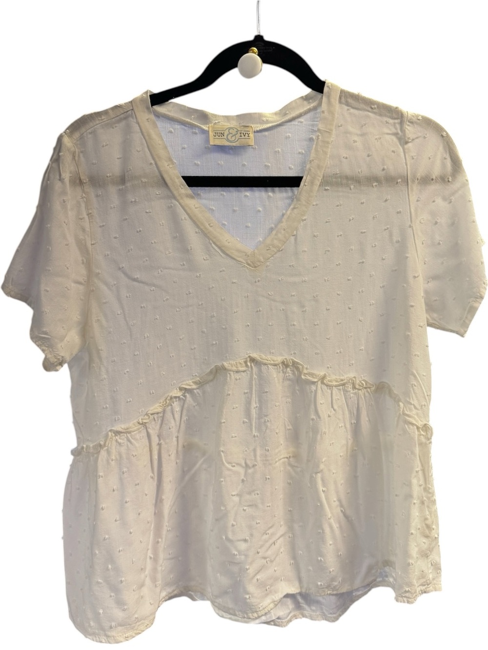 Jun & Ivy Ivory Swiss Dot Peplum Blouse V Neck Boho Rayon Top L